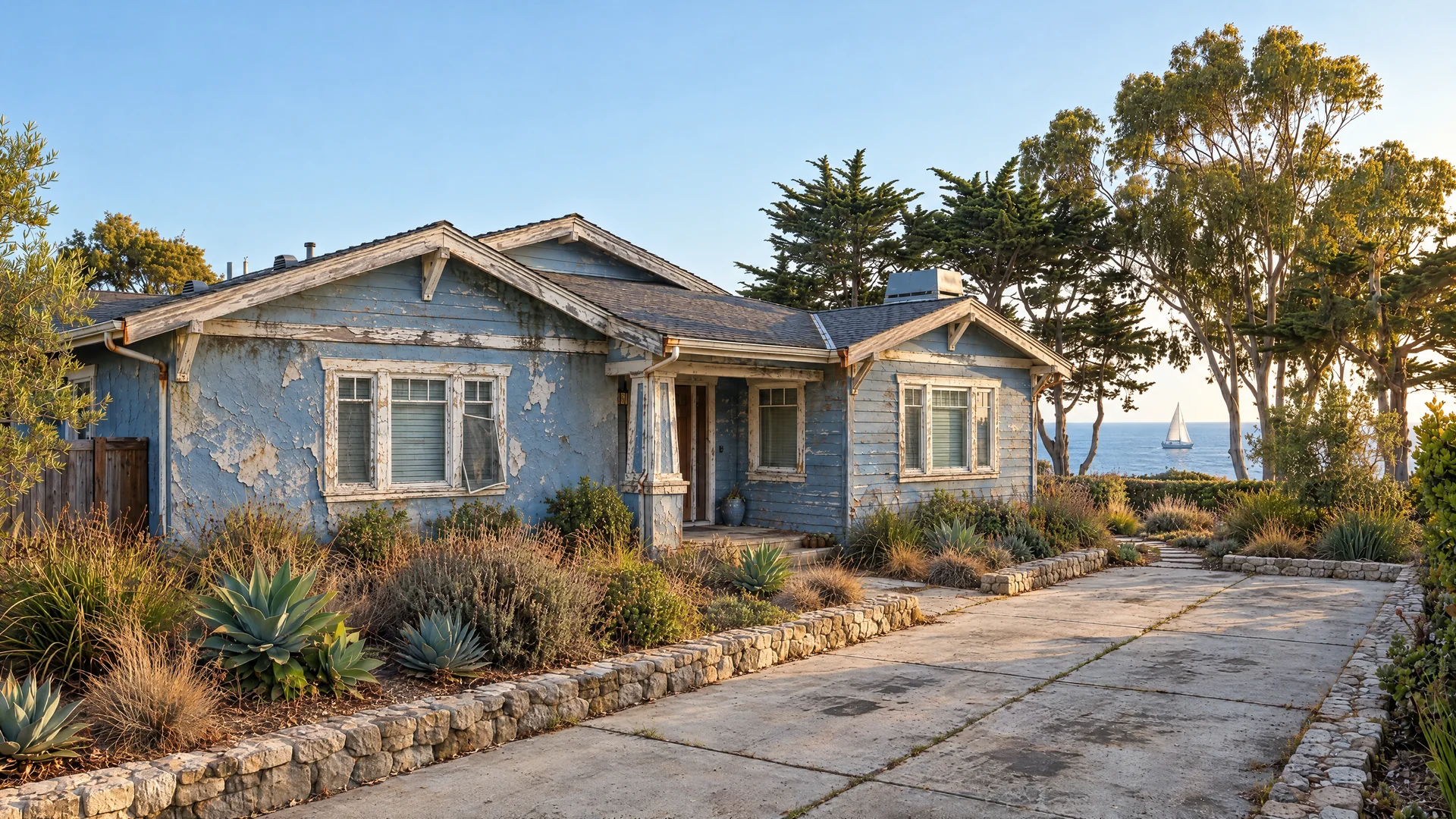 Weathered craftsman bungalow in coastal San Diego with faded, peeling paint