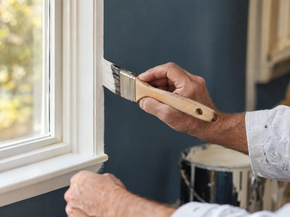Painter's hands cutting a crisp white trim line freehand with an angled brush