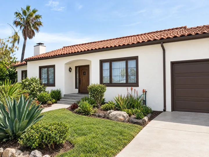 After: The same house freshly painted warm white with crisp dark-bronze trim