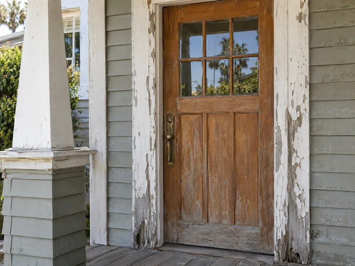Before: Craftsman front door with sun-faded wood and peeling, rotting white casing